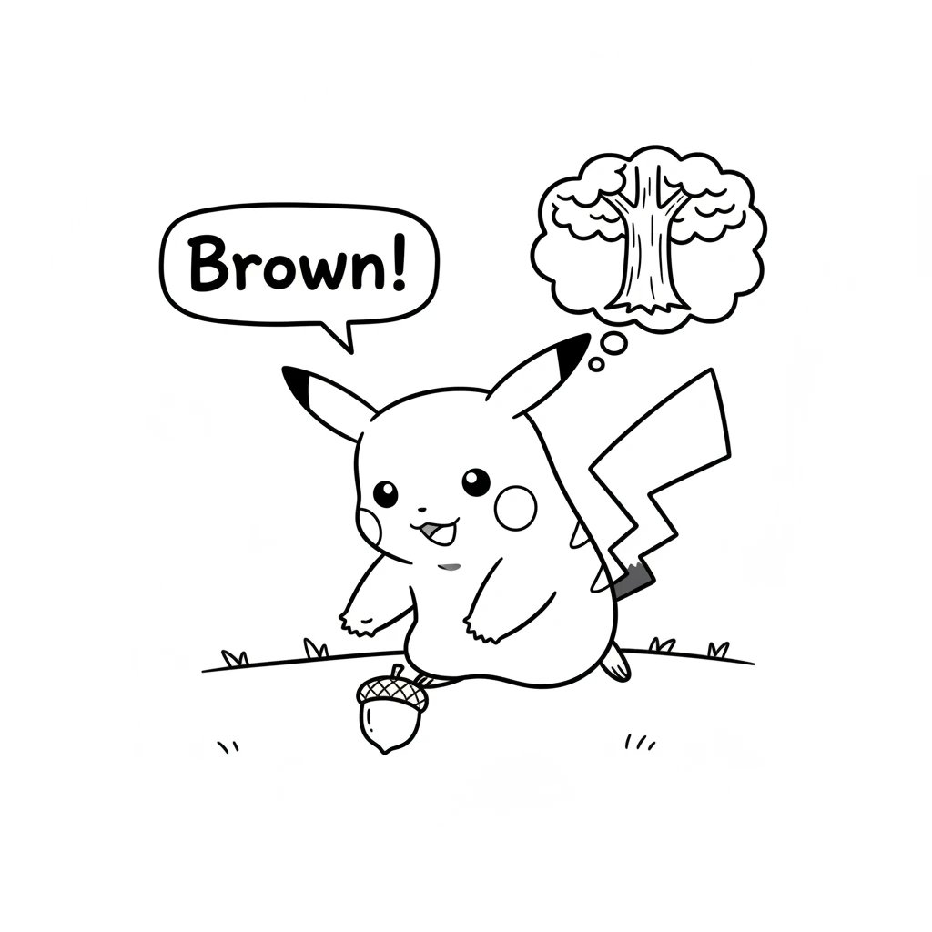 On the ground, Pika discovers a small, smooth brown acorn. It's a tiny seed that will grow into a big oak tree someday. "Brown!" Pika imagines the stu