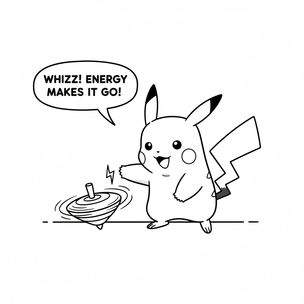 Pika sees a toy top that won't spin. With a tiny, safe spark, Pika gives it a gentle push of energy. The top whizzes and spins, showing how energy can