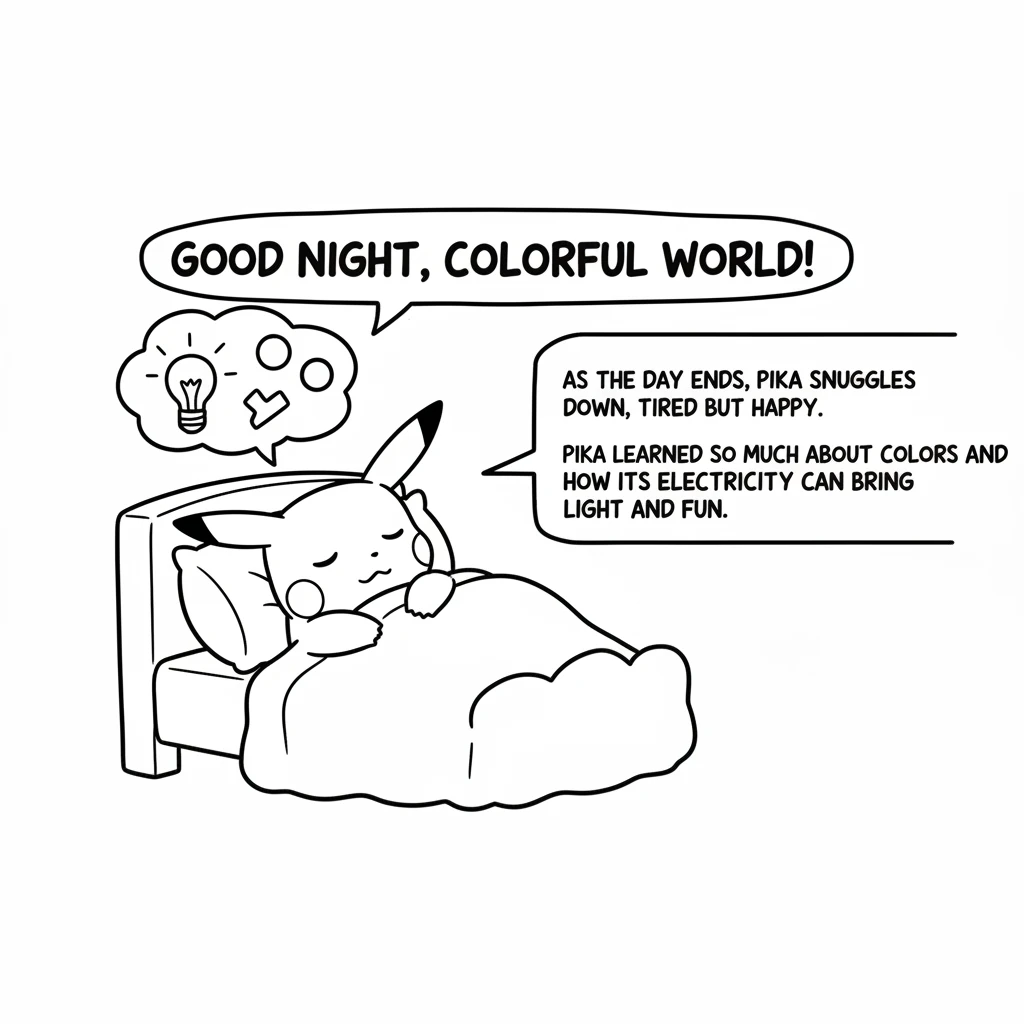 As the day ends, Pika snuggles down, tired but happy. Pika learned so much about colors and how its electricity can bring light and fun. "Good night,