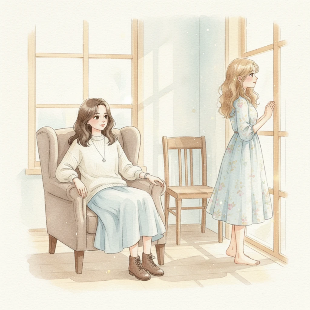 Minji observava-a de sua poltrona perto da janela, o rosto uma tela de calma estudada. Seus olhos, que a maioria interpretaria como entediados, liam cada curva suave no perfil de Tiffany, cada mecha de cabelo castanho que caía sobre sua testa. O ar no cômodo, já denso com a luz, parecia vibrar com a presença silenciosa das duas.