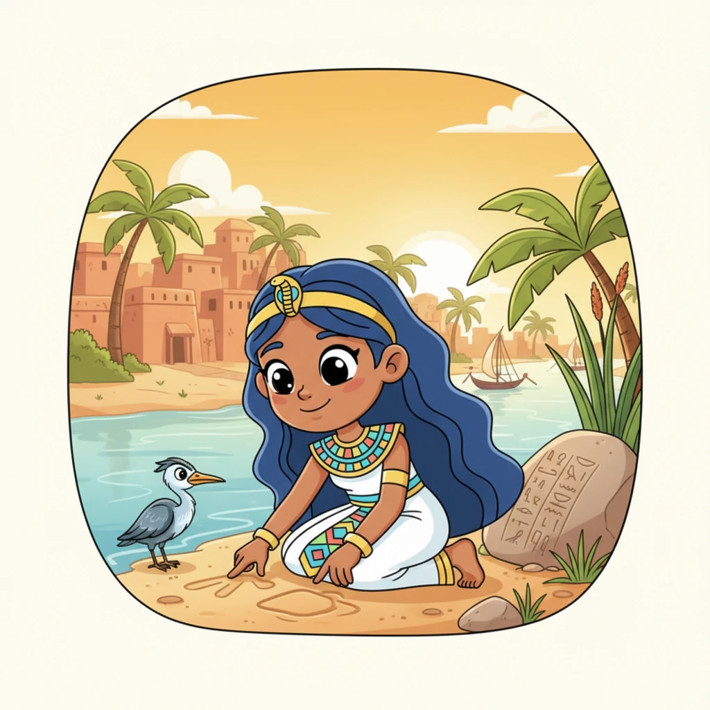 Neferu, a spirited girl with bright, curious eyes, loved exploring the sun-drenched banks of the Nile. Her village buzzed with life, but Neferu often dreamt of ancient tales. She especially loved listening to stories about the powerful, mystical gods and goddesses of Egypt.