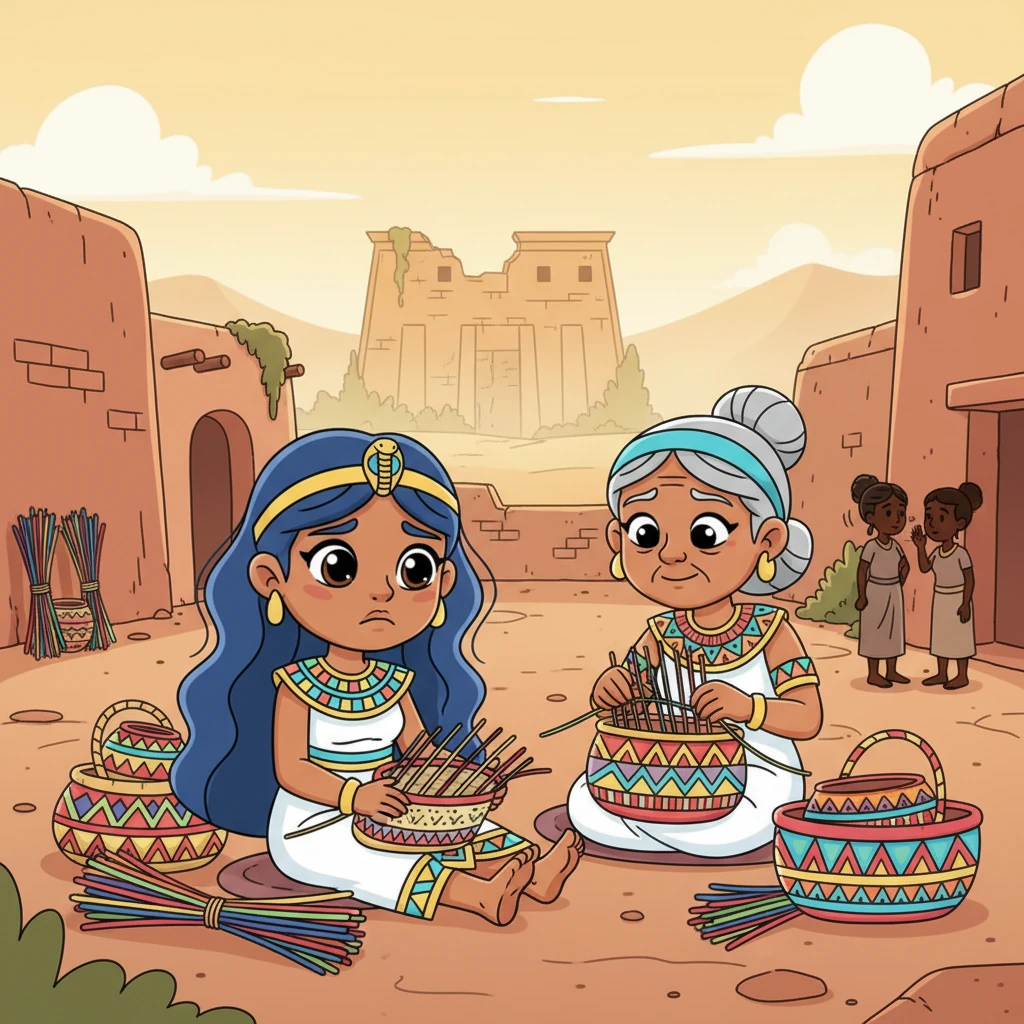One afternoon, while helping her grandmother weave colorful baskets, Neferu overheard whispers of Tjet-nut, the forgotten goddess of joy and laughter. The villagers spoke of her temple, now crumbled and silent, hidden away from bustling life. It made Neferu's heart feel a little sad.