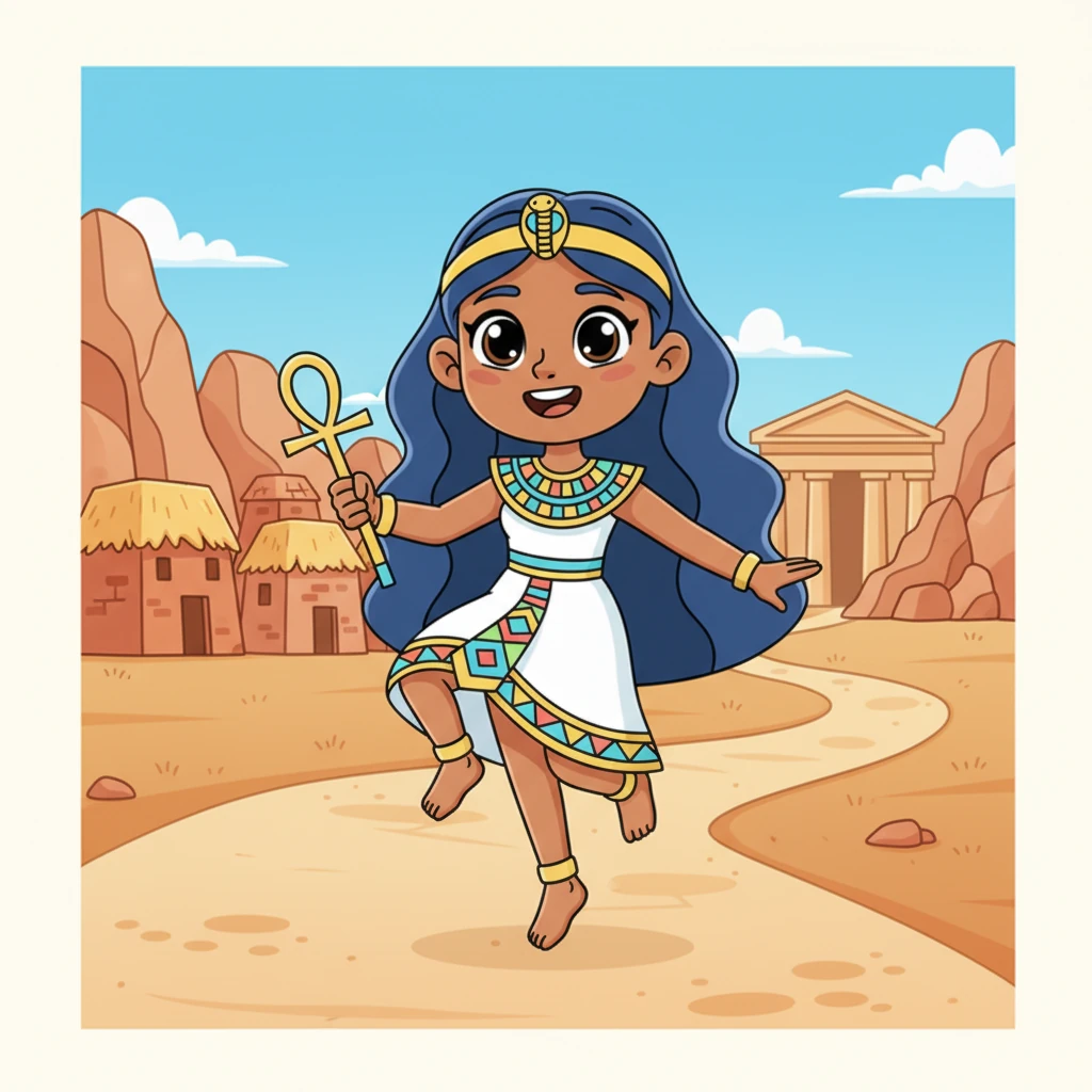 Unable to shake the story from her mind, Neferu decided to find the forgotten temple. With a skip in her step and a heart full of determination, she ventured past the village's edge, following a winding, dusty path towards the distant, rocky hills where the temple was said to rest.