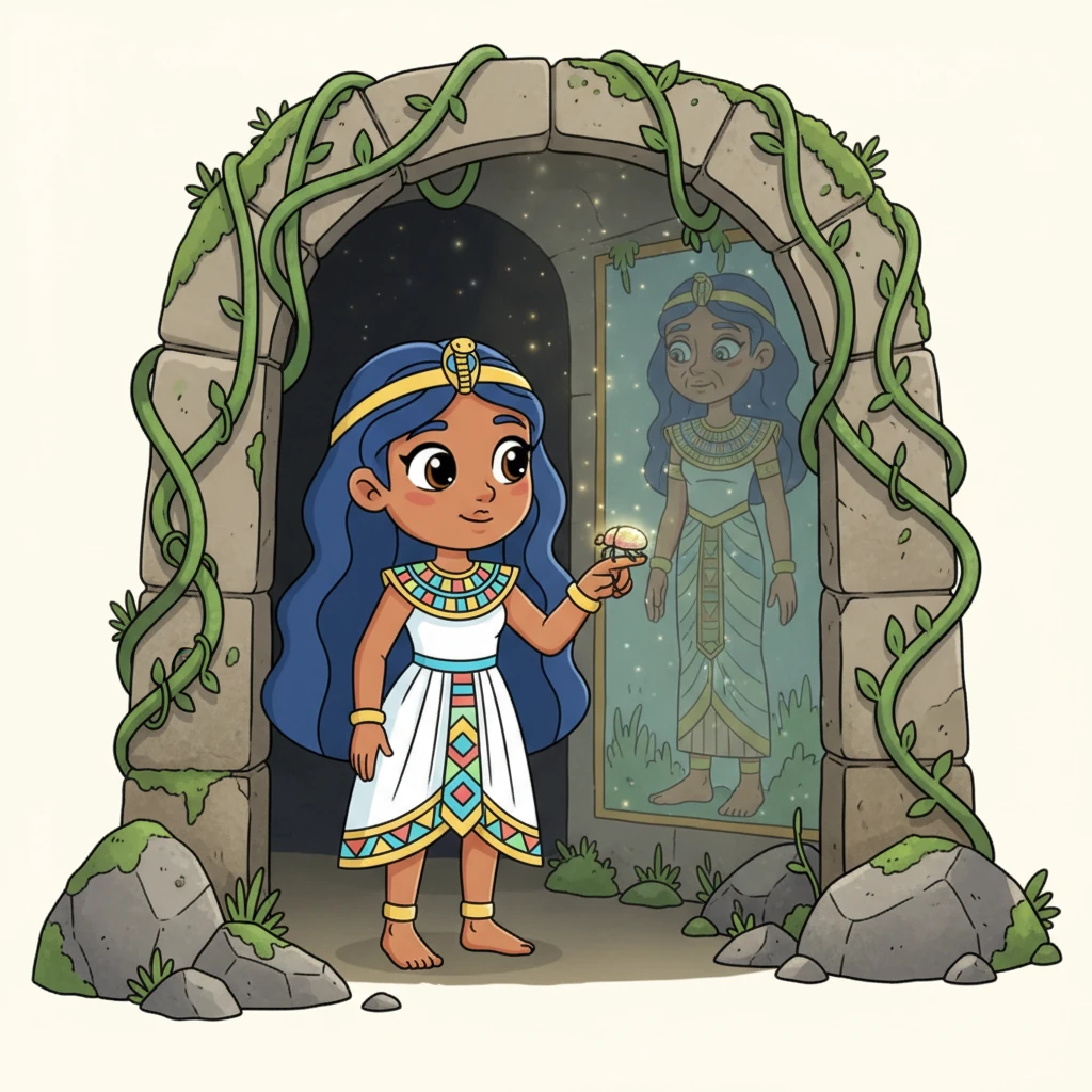 After a bit of searching, Neferu discovered the temple entrance, partially hidden by tangled vines and ancient stones. Inside, dust motes danced in sunbeams, illuminating a faded mural on the wall. It depicted Tjet-nut, her once-vibrant colors now muted, looking wistful and alone. Suddenly, a tiny, iridescent scarab beetle, shimmering with a soft, golden glow, landed gently on Neferu's finger.