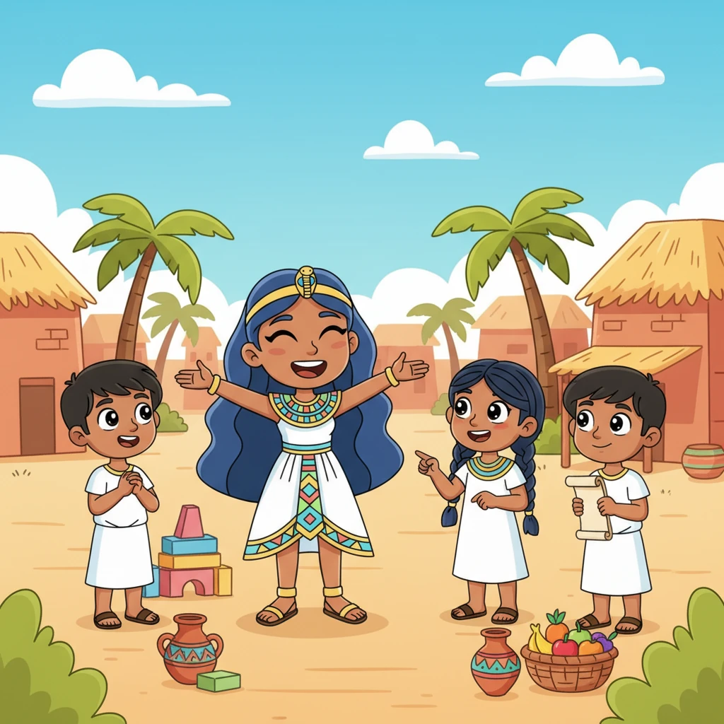 Neferu's heart swelled with a new purpose. She knew exactly what to do! Rushing back to the village, she gathered her friends, excitedly telling them about Tjet-nut and her fading joy. Together, they hatched a magnificent plan to bring laughter back to their community.
