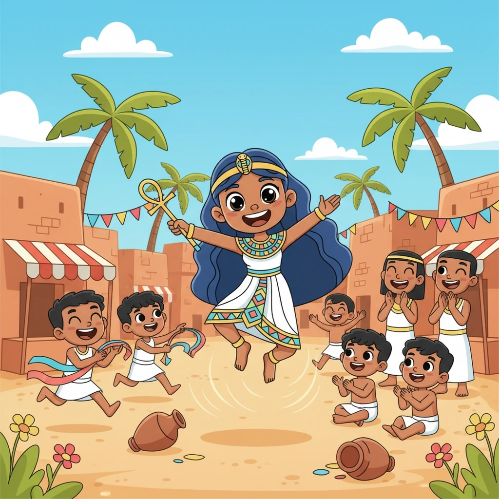 The next day, the village square transformed into a whirlwind of joy! Neferu and her friends put on a spectacular festival, filled with silly dances, playful games, and uproarious storytelling. Children chased each other with glee, and even the adults couldn't help but chuckle at the delightful spectacle.