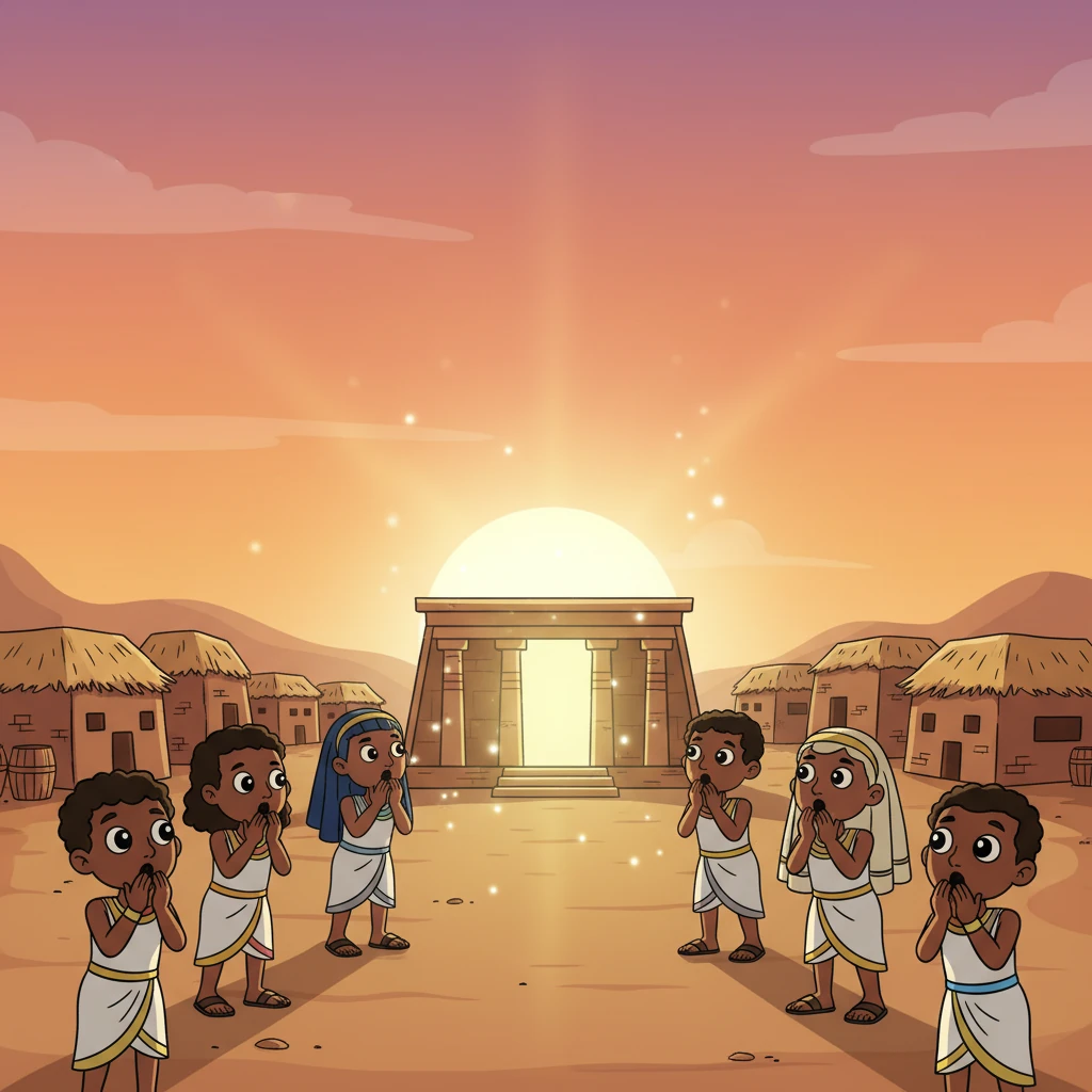 As the sun began to set, painting the sky in hues of orange and pink, the sound of laughter echoed through the entire village. Suddenly, a soft, golden glow pulsed from the direction of Tjet-nut's ancient temple. The villagers gasped in wonder, their faces illuminated by the mysterious light.