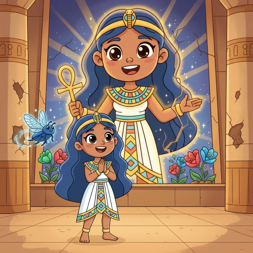 Neferu, with Khepri buzzing excitedly beside her, hurried back to the temple. Inside, the faded mural of Tjet-nut now shone with brilliant, radiant colors, her face beaming with pure joy. As Neferu watched, small cracks in the temple walls began to mend themselves, and new, vibrant flowers bloomed from the stone.