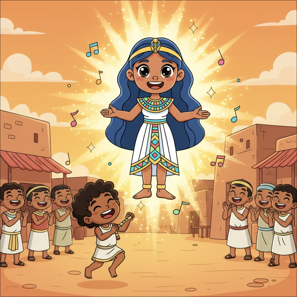 Then, in a shimmering burst of golden light, Tjet-nut herself appeared, no longer a mural but a living goddess, radiating warmth and happiness. She smiled at Neferu, her eyes sparkling with gratitude. "Thank you, little one," Tjet-nut chimed, "for reminding everyone that joy, like laughter, is meant to be shared!" From that day forward, the village never forgot to celebrate Tjet-nut, and laughter filled the air, keeping her spirit vibrant forever.