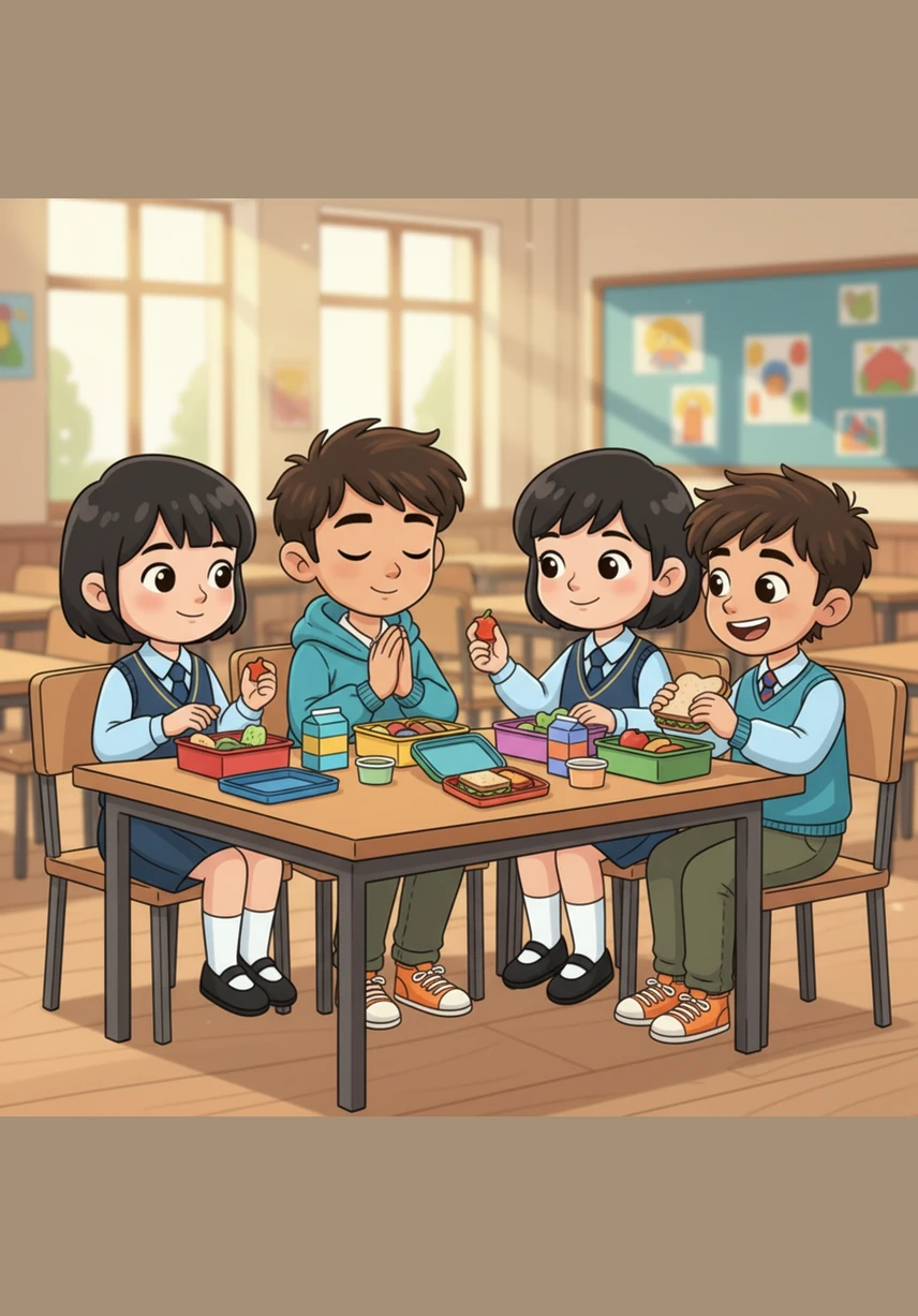 At lunchtime, Zaid joins his friends at the table, starting his meal with a quiet prayer and eating neatly with his right hand. They share their food and stories with joy, creating a peaceful atmosphere where friendship and respect are the most important ingredients.