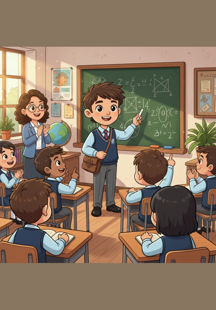 In the classroom, Zaid transforms into a dedicated scholar, sitting at his desk with his books and tools perfectly organized. He focuses his eyes and his mind on the lesson, understanding that true wisdom comes to those who approach their studies with patience and order.