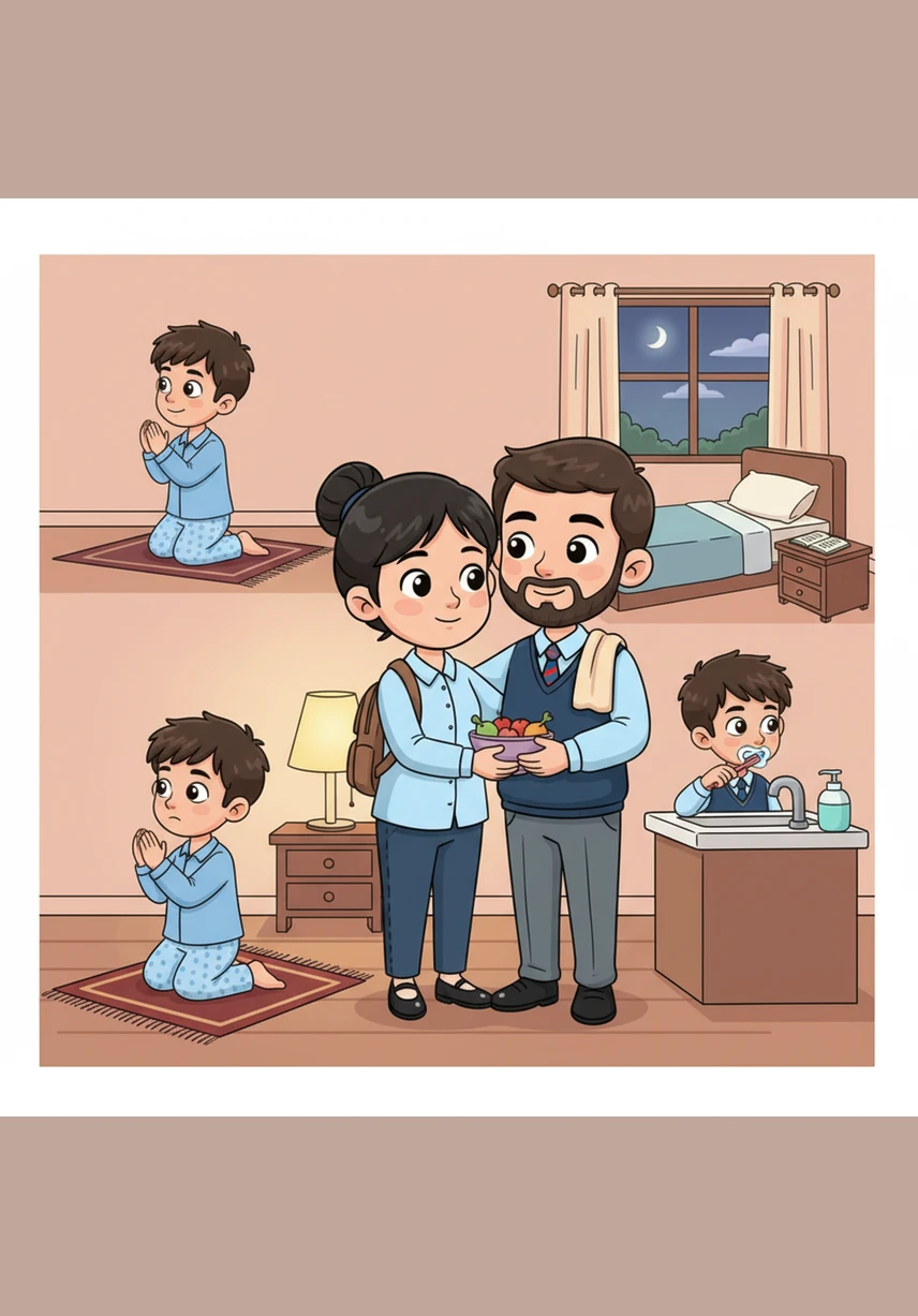 When the school day ends, Zaid brings the light of his academy ethics home, greeting his parents with a warm hug and helping with the family chores. He prepares for sleep by washing and saying his evening prayers, reflecting on the good deeds he performed throughout the day.