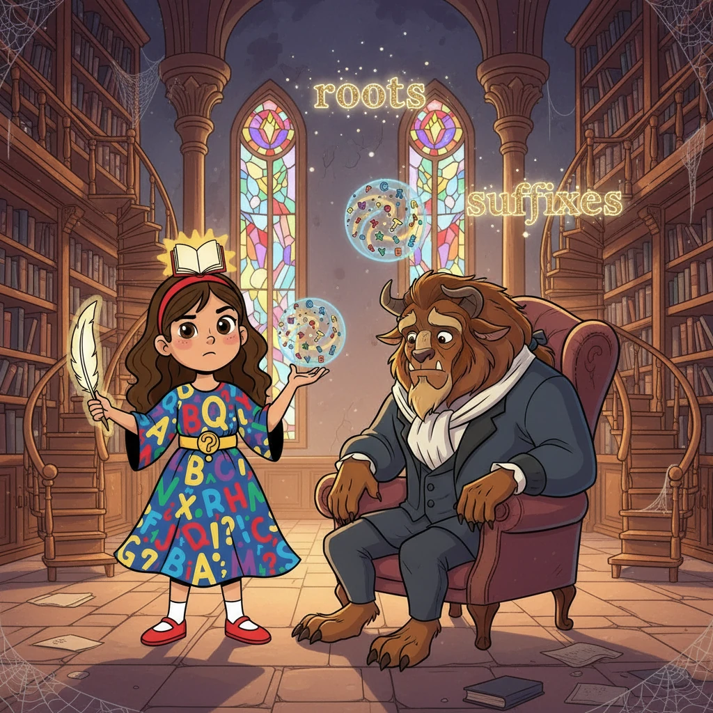 En el castillo, Bella descubrió que la Bestia estaba confundida por la estructura de las palabras. La Bestia creía que las palabras eran inmutables, pero Bella le explicó la magia de los morfemas: raíces, prefijos y sufijos. Ella demostró cómo estos elementos podían transformar las palabras.