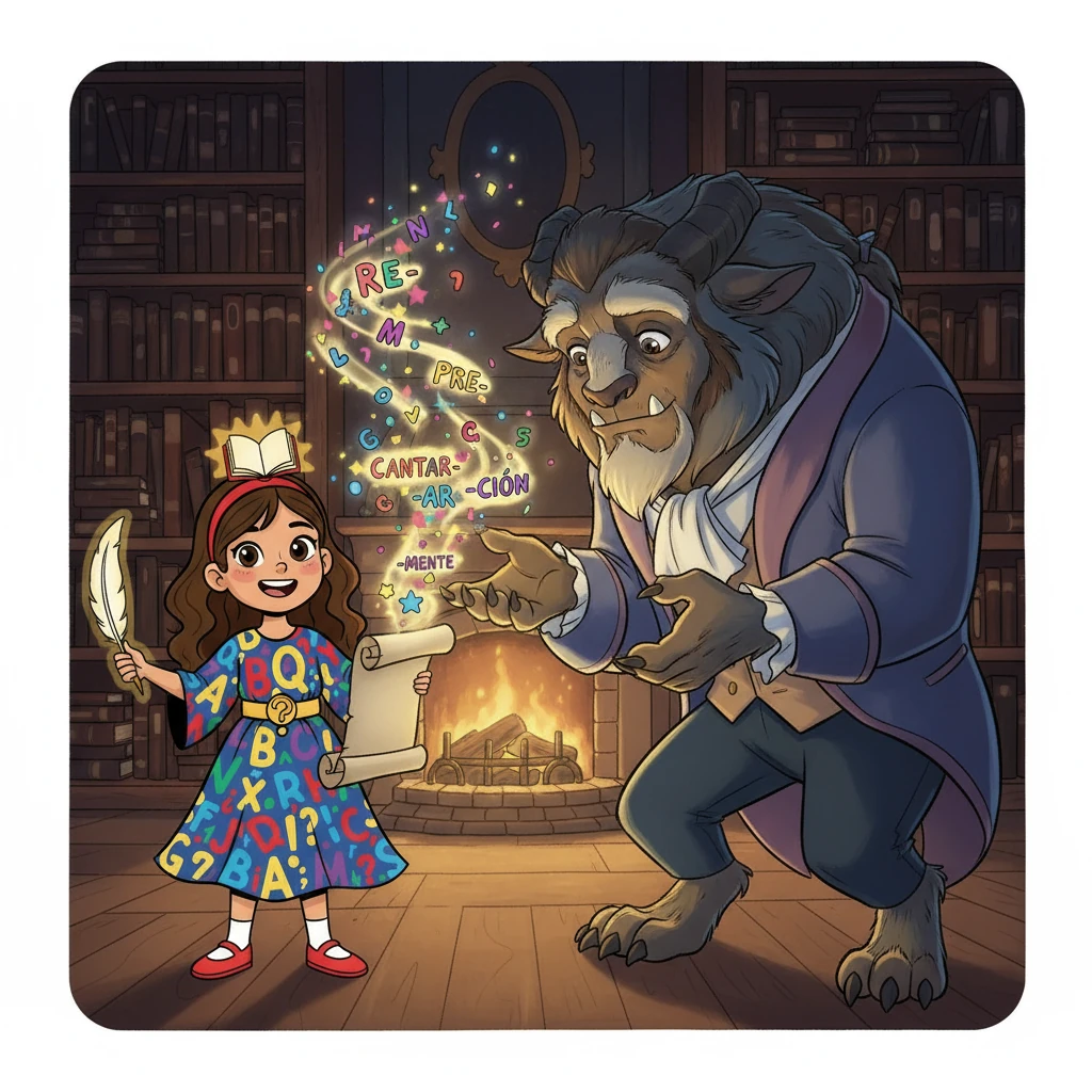 Bella le enseñó a la Bestia que las palabras tienen funciones, como los verbos que expresan acciones.  Ella separó los morfemas de algunas palabras, mostrando la importancia de los sufijos y prefijos.  Por ejemplo, demostró cómo el sufijo '-ar' convierte un sustantivo en un verbo.