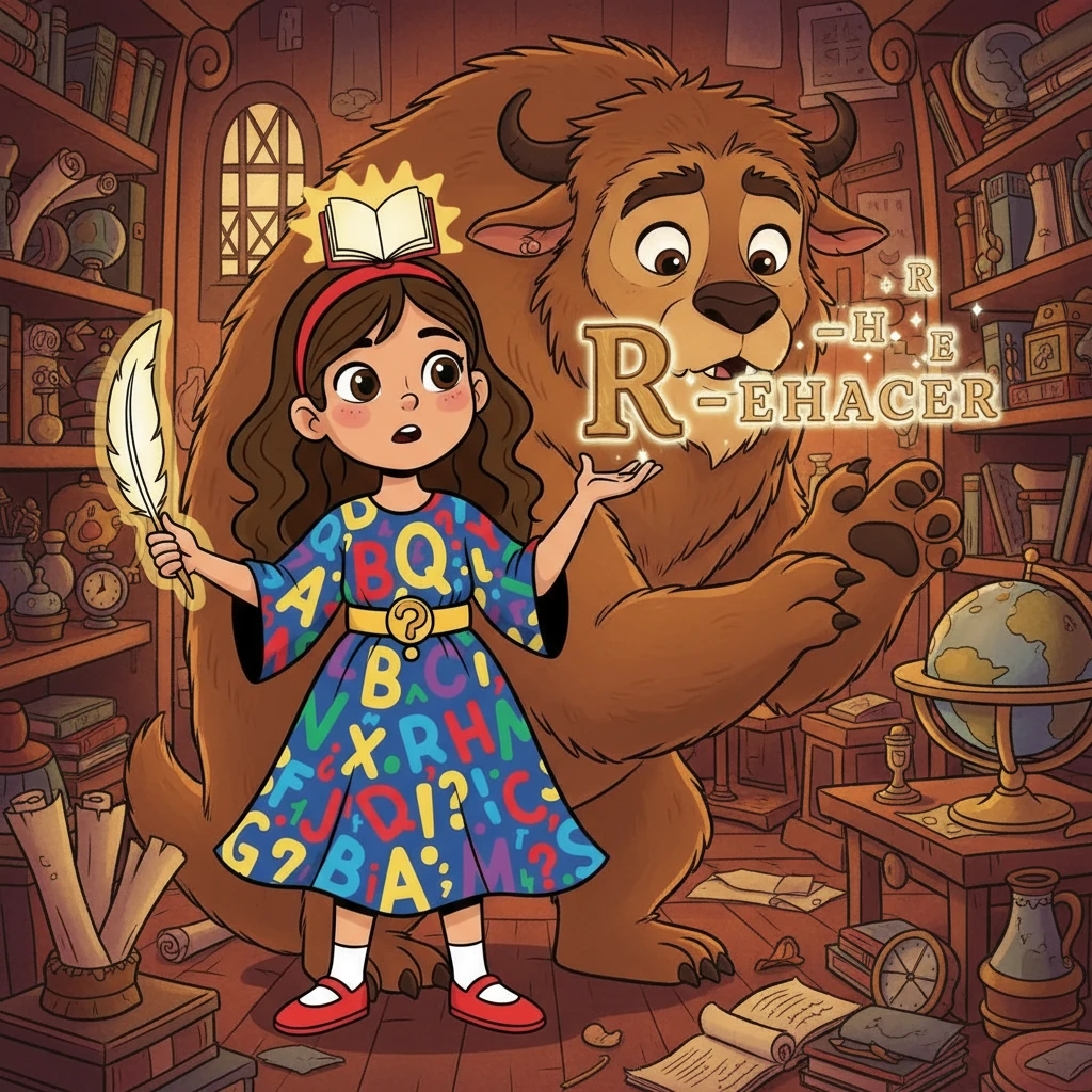 La Bestia, al principio asustada, comenzó a comprender la belleza de la gramática. Bella le mostró cómo los prefijos, como 're-', podían cambiar el significado de las palabras.  Juntos, exploraron cómo 'hacer' se transformaba en 'rehacer'.