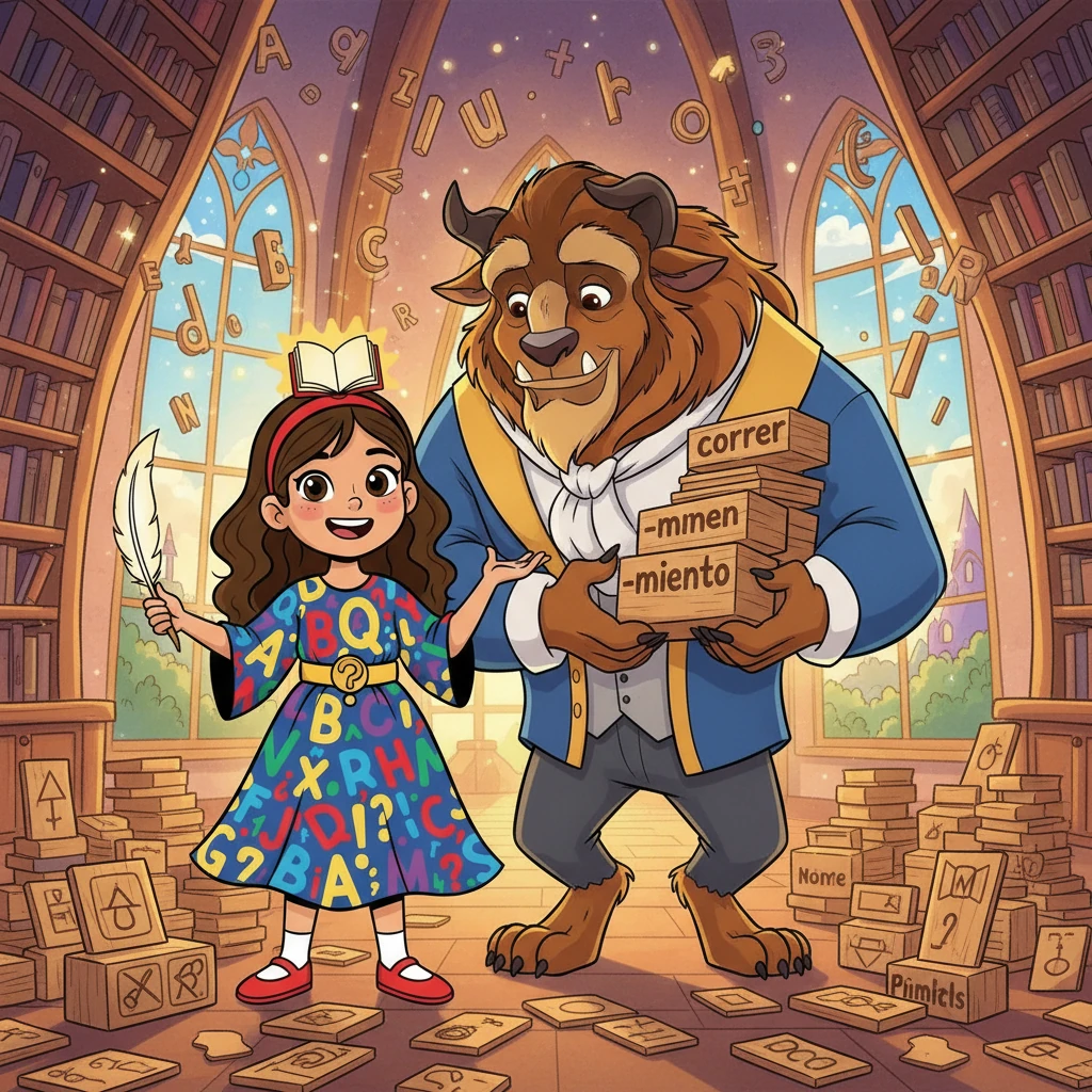 Bella y la Bestia trabajaron juntos en la transformación de verbos a sustantivos. Bella enseñó a la Bestia el arte de añadir sufijos como '-miento' para crear sustantivos.  La Bestia, ahora entendiendo, comenzó a organizar las palabras del castillo.