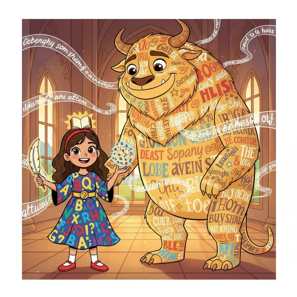 Con la ayuda de Bella, la Bestia de la Gramática se convirtió en un ser amable y sabio. El castillo se llenó de oraciones claras y palabras ordenadas.  Bella y la Bestia vivieron felices, demostrando que la gramática, como el amor, puede transformar cualquier cosa.