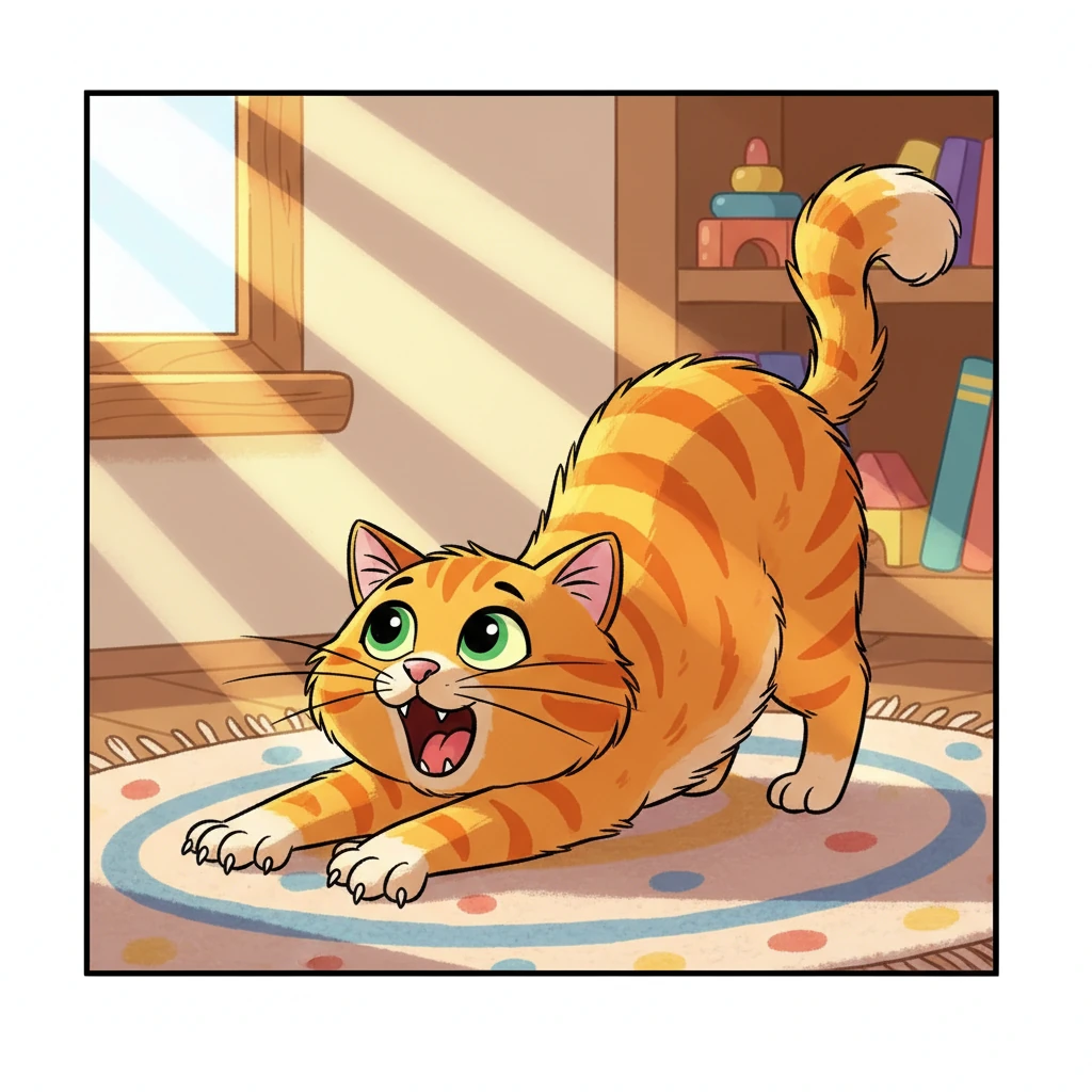 Whiskers, a fluffy orange cat with bright green eyes, woke up with a big stretch in a warm sunbeam. Their tiny pink nose twitched as they yawned widely, ready for a new day. Sunlight streamed through the window, painting golden stripes across the cozy rug.