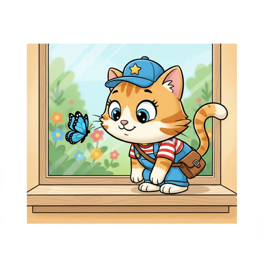 Suddenly, Whiskers spotted a brilliant blue butterfly fluttering just outside the windowpane. Its delicate wings danced in the breeze, catching Whiskers' full attention. Their tail twitched with excitement, eyes wide and focused on the colorful visitor.