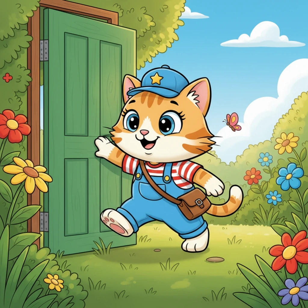 With a mischievous glint in their eyes, Whiskers nudged the slightly ajar back door open with their head. They slipped out into the vibrant, sun-drenched garden, a world bursting with colors and new smells. The soft grass tickled their paws with every step.