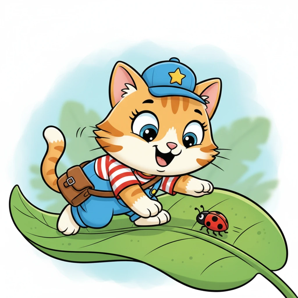 A tiny, wobbly ladybug was crawling on a broad green leaf, minding its own business. Whiskers crouched low, tail swishing, and playfully pounced at the little creature. The ladybug scurried away, unharmed, while Whiskers giggled with a silent, happy purr.
