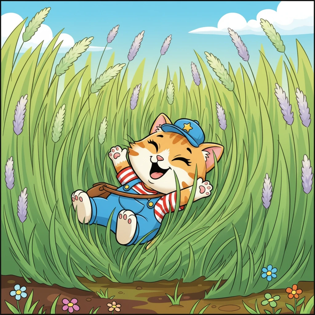 Deeper in the garden, Whiskers discovered a secret patch of tall, feathery grass that brushed against their fur. They rolled and tumbled in the soft blades, enjoying the ticklish sensation and the sweet scent of the earth. It was a perfect hidden fort.