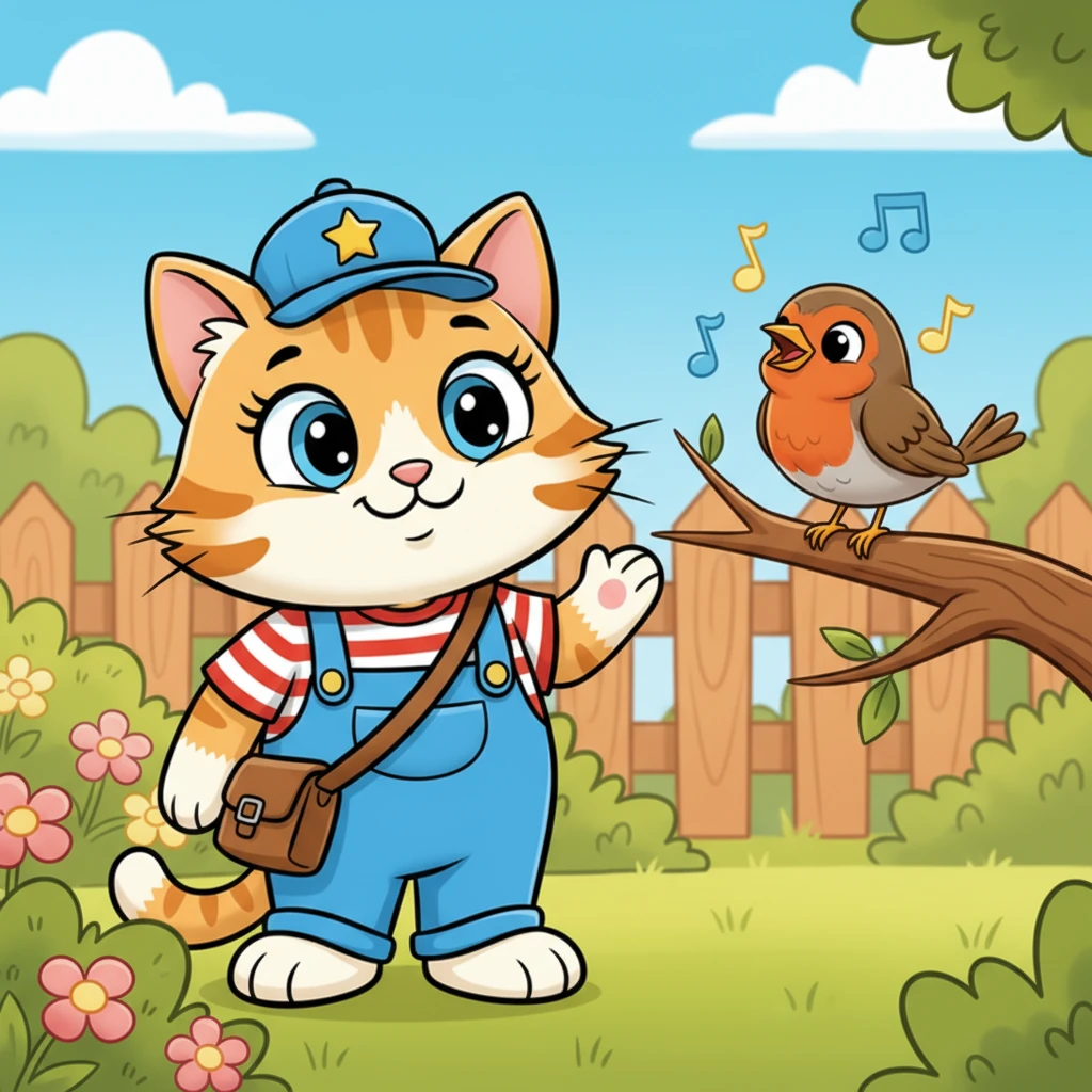 A small, cheerful robin landed on a low branch nearby, chirping a friendly tune. Whiskers tilted their head, listening intently, and the bird seemed to sing just for them. It was a moment of quiet connection between two garden friends.