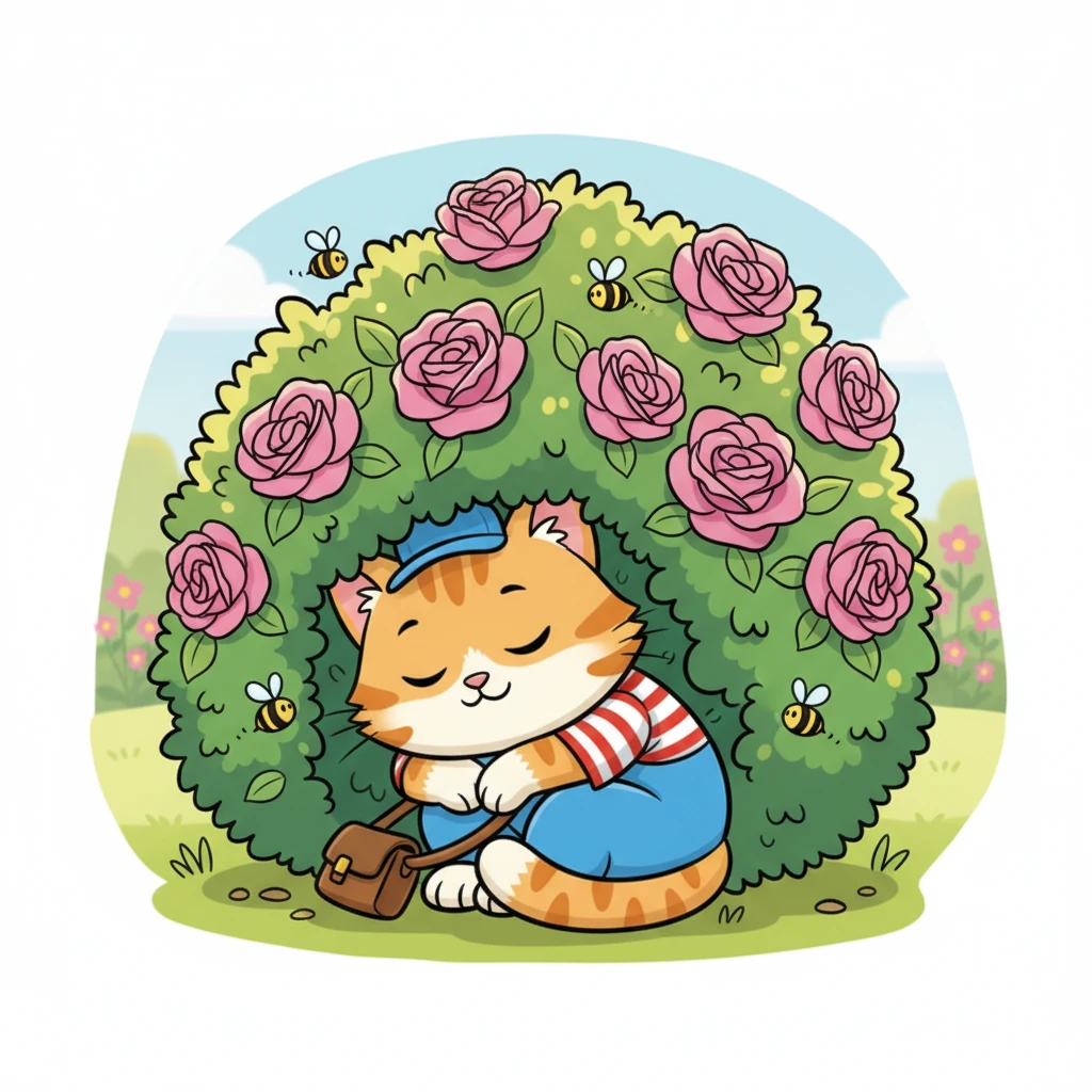 After all the excitement, Whiskers found a wonderfully cool and shady spot under a fragrant rose bush. They curled into a tight ball, listening to the gentle hum of bees, and drifted off for a quick, peaceful catnap.