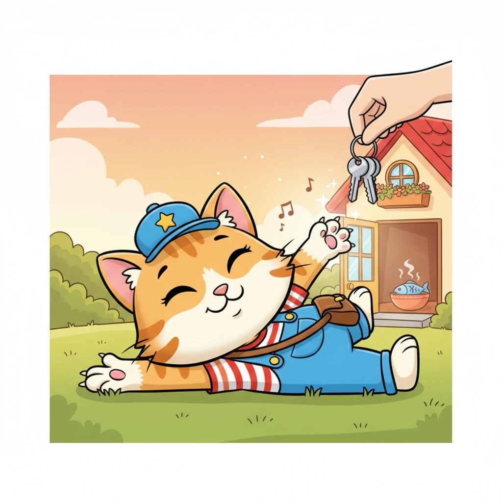 A familiar sound, the gentle jingle of keys, roused Whiskers from their nap. It was time to go back inside, where warm cuddles and a delicious dinner awaited. They stretched one last time, feeling refreshed and content.