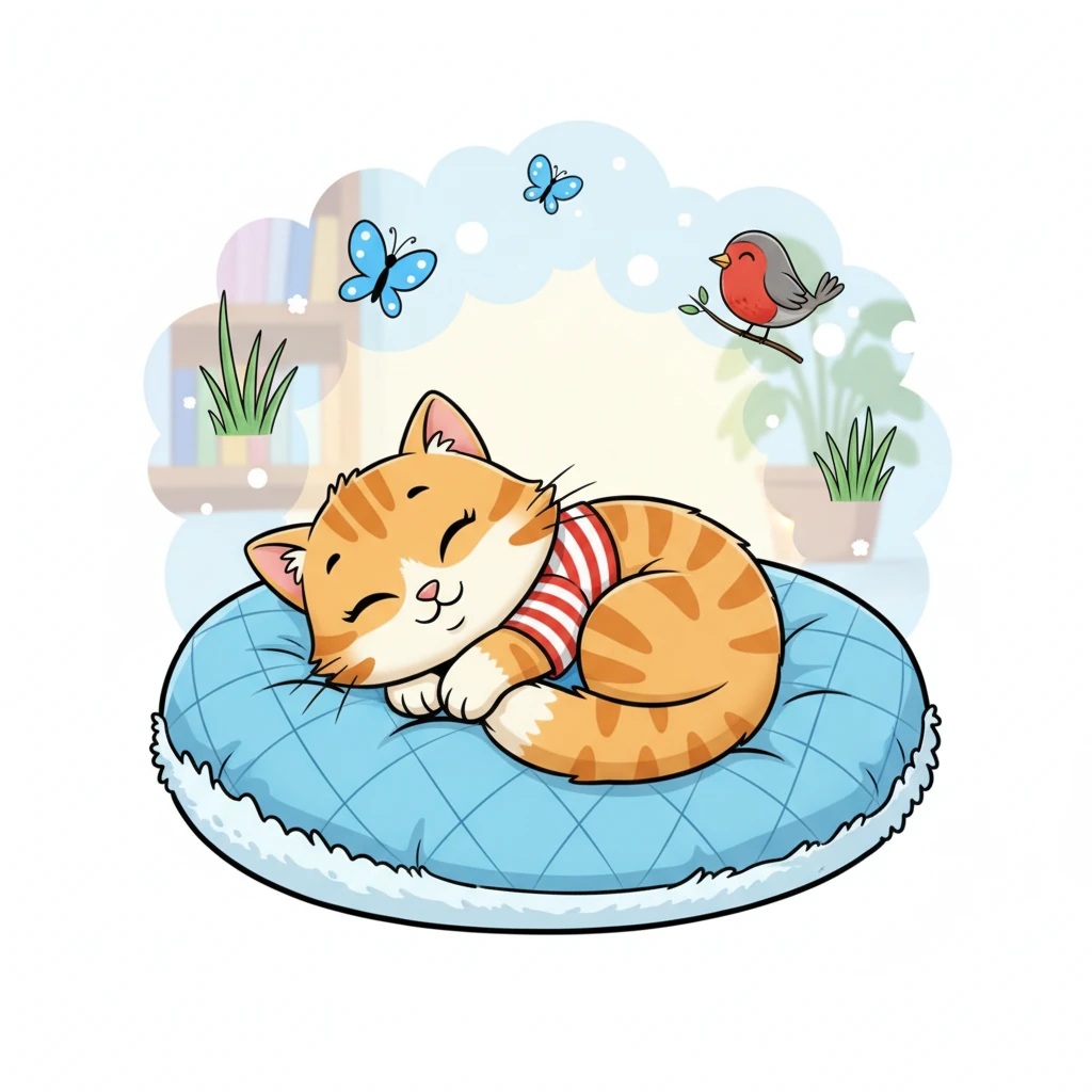 Back in their cozy home, Whiskers curled up on their favorite soft cushion, purring deeply. Their eyes slowly closed, dreaming of blue butterflies, tickly grass, and friendly robins from their wonderful garden adventure.