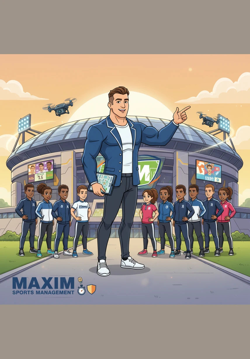 Максим стоит на фоне огромного стадиона, объясняя, что спортивный менеджмент — это невидимая сила, превращающая игру в грандиозное событие. Это искусство объединения атлетов, болельщиков и ресурсов для достижения общих целей и создания незабываемых эмоций.