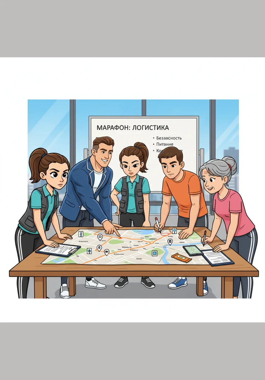 Максим и его команда склонились над большой картой города, детально планируя маршрут предстоящего благотворительного марафона. Каждый успешный проект начинается с тщательного планирования, где учитываются логистика, безопасность, точки питания и комфорт всех участников.