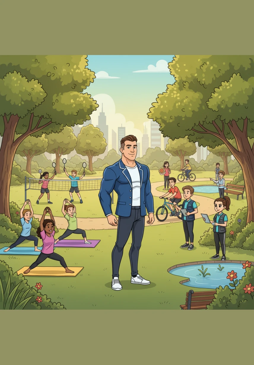 Максим переносится в живописный городской парк, где люди занимаются йогой, играют в бадминтон и катаются на велосипедах. Менеджмент в сфере рекреации — это создание доступных и привлекательных условий для активного отдыха, который помогает людям восстанавливать силы и укреплять здоровье.