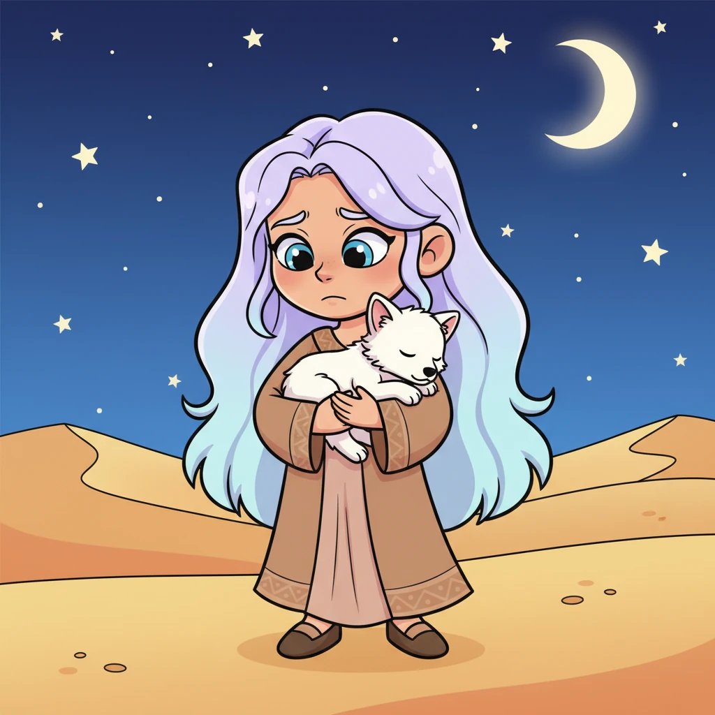 Under a vast, star-dusted desert sky, the Desert Alpha's wife, her face a mask of conflict, cradles a tiny, sleeping wolf pup. She knows the prophecy and her mate's cruel command, but a mother's heart whispers defiance. Instead of destruction, she decides on a desperate act of preservation, her gaze softening with a hidden vow.