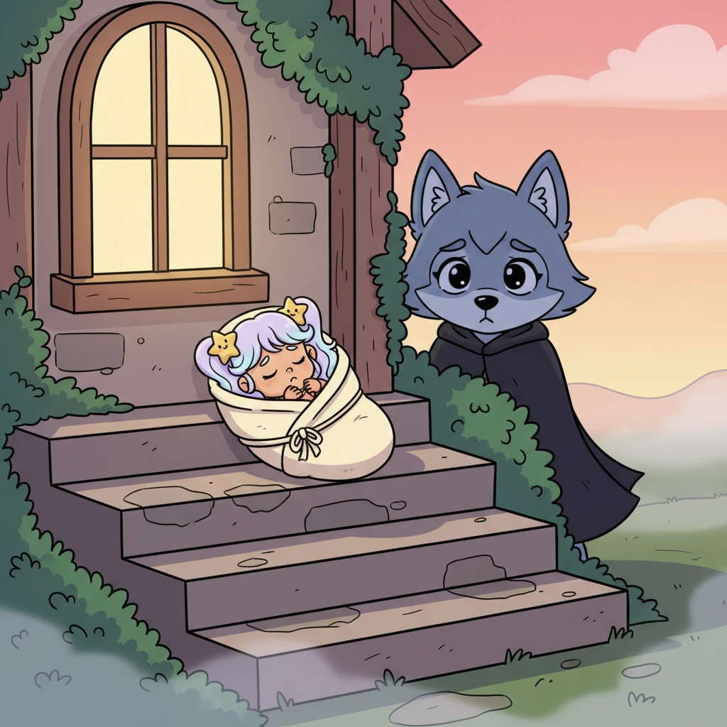 In the soft glow of dawn, a small bundle is left gently on the steps of a cozy, ivy-covered orphanage. Inside, baby Luna sleeps peacefully, wrapped in a simple human-spun blanket, her tiny paws tucked away. The Desert Alpha's wife watches from the shadows, a silent hope for a forgotten future in her eyes, before vanishing into the morning mist.