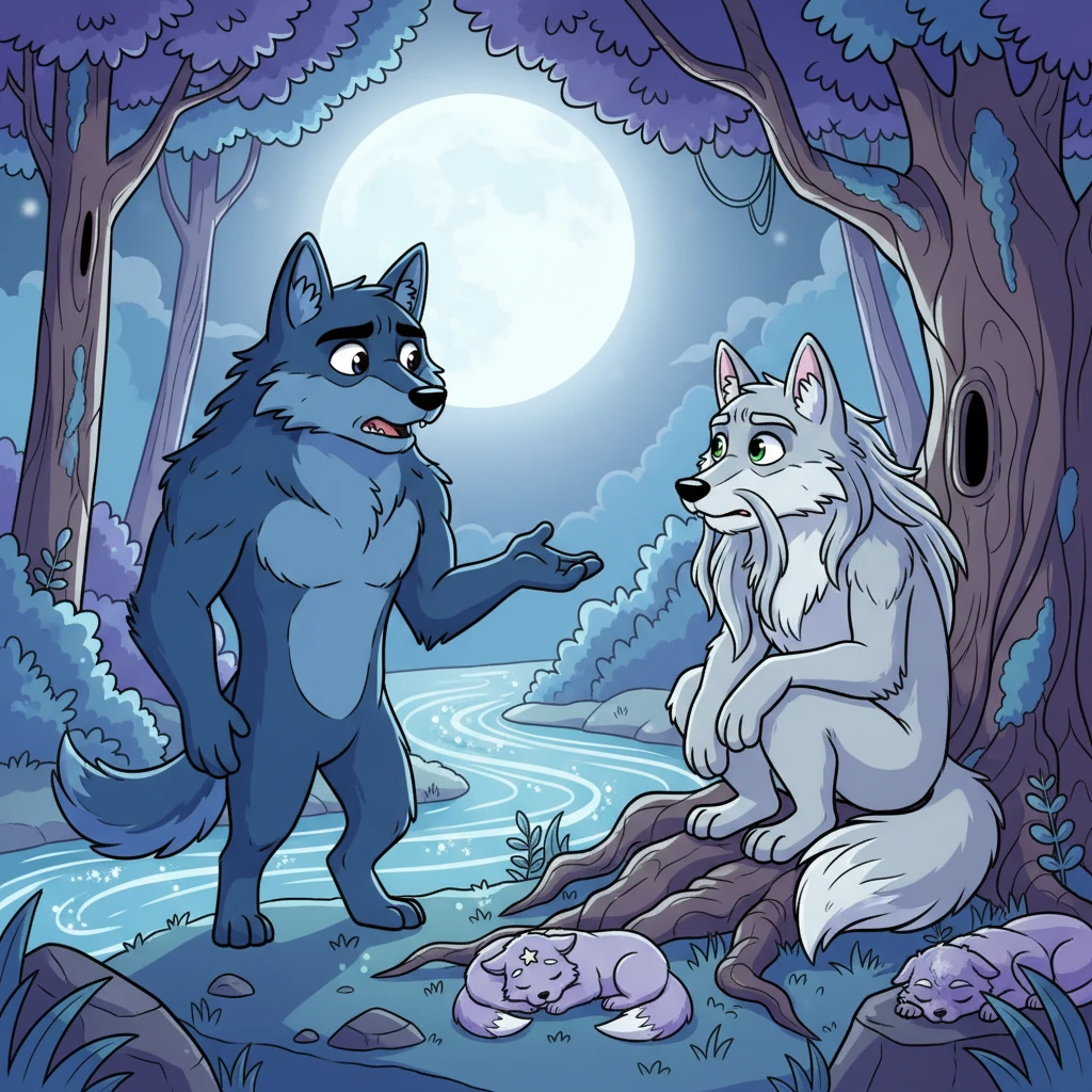 In a moonlit clearing by a rushing river, the River Alpha appeals to the wise Forest Alpha, his expression grave. He speaks of the prophecy and the stolen pup, Luna, emphasizing the desperate need to find her before darkness consumes their world. The Forest Alpha listens, his ancient eyes reflecting the weight of their shared burden.