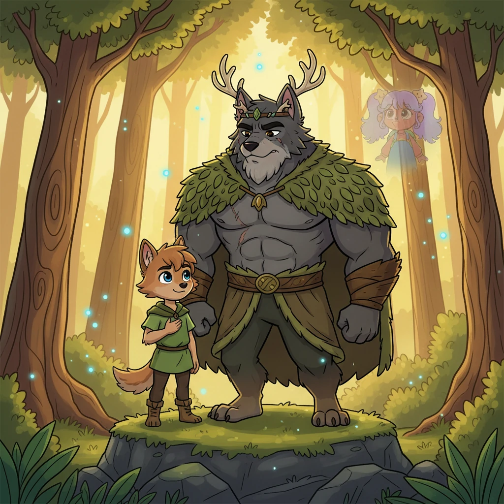 Young Lyraan, the Forest Alpha's son, stands tall beside his father, his heart stirred by the tales of the lost she-wolf. He learns of his own fated mission: to find Luna, his promised bride, and unite their tribes. A sense of purpose, grand and mysterious, settles in his young, noble spirit.