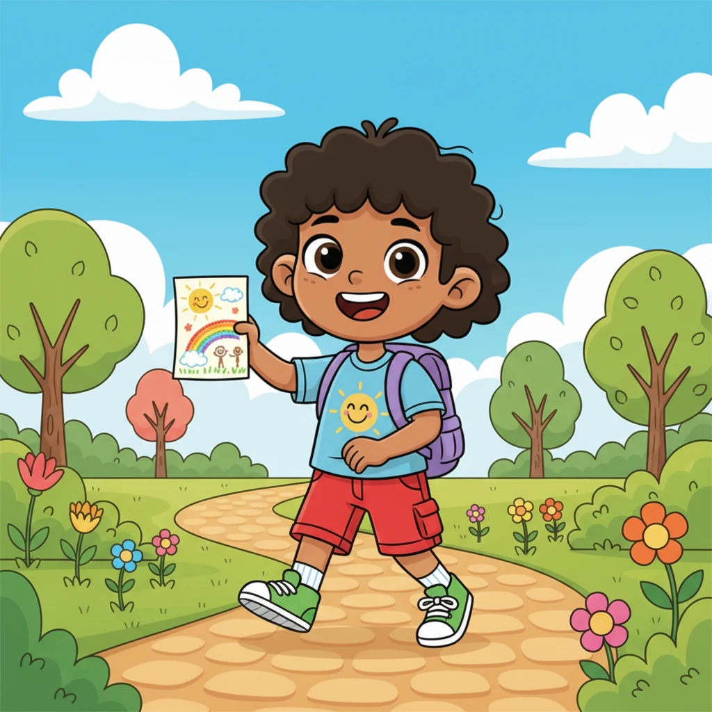 Kenan carefully held his small gift, a cheerful drawing he had made. He walked with a feeling of indescribable happiness bubbling within him, eager to share his joy.
