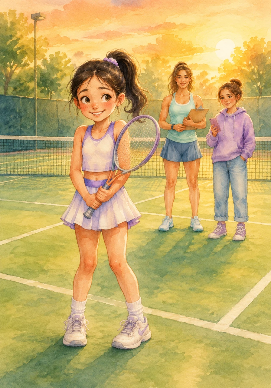 Mia stands on the vibrant green tennis court, looking confident and happy as she grips her racket. The sun is shining, the lines on the court are crisp and white, and she is completely in her element during a peaceful morning practice.