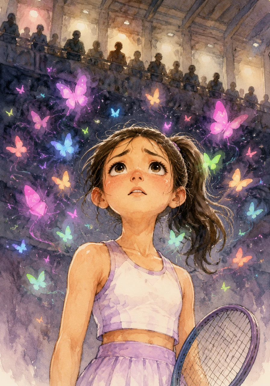 During her first big tournament, Mia looks up at the towering stands filled with shadowy figures of parents watching her every move. Her eyes grow wide with worry, and colorful, swirling shapes like neon butterflies begin to flutter rapidly around her head.