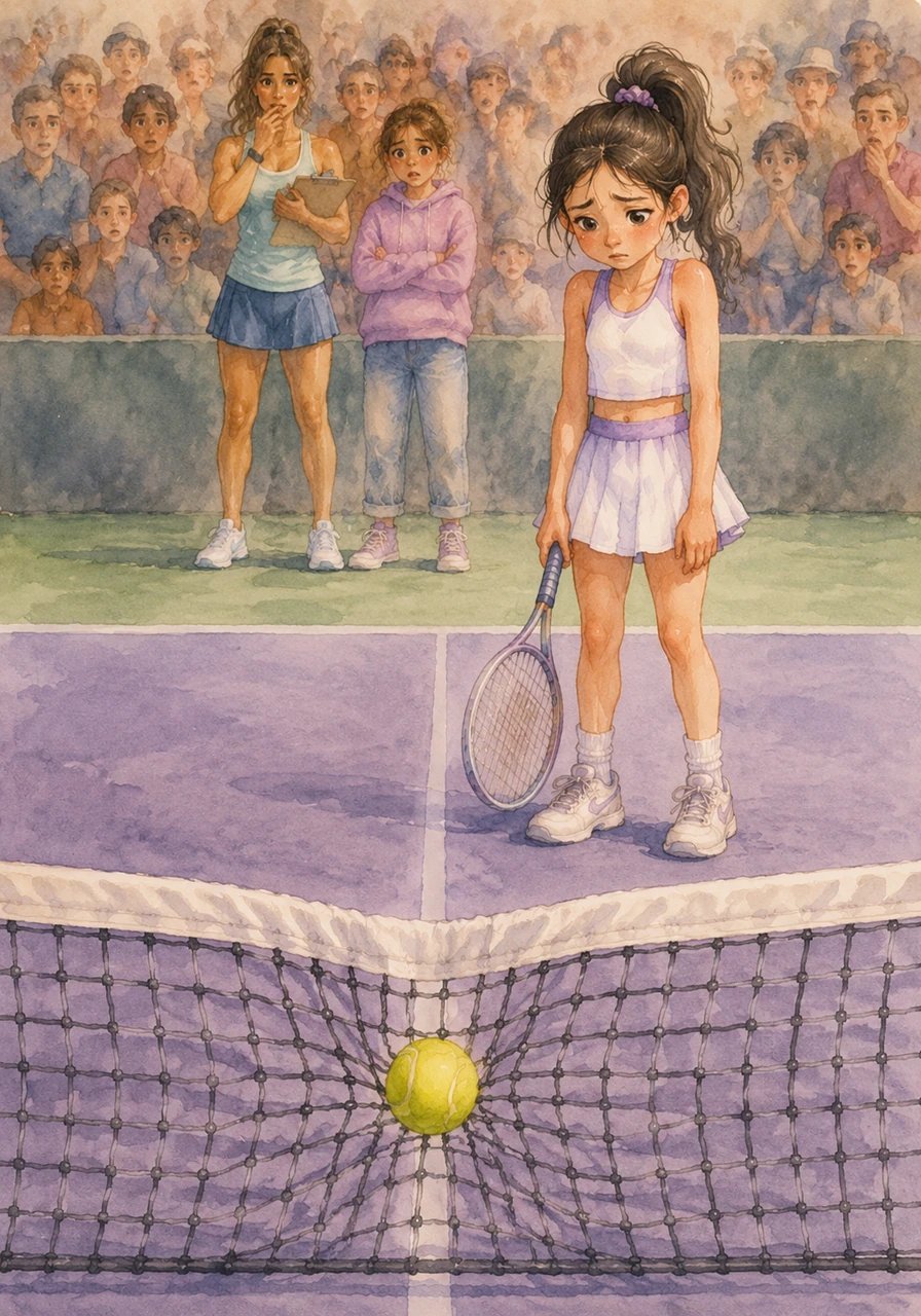 Mia tries to serve the ball, but her arms feel weak and heavy. The tennis ball, which usually flies fast and straight, sadly flops right into the middle of the white net while the crowd watches intensely.