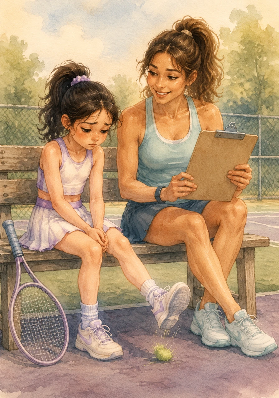 After the match, Mia sits dejectedly on a wooden bench next to her kind coach, Jen, who holds a clipboard. Mia kicks at a stray piece of tennis ball fuzz on the ground while Coach Jen smiles warmly, explaining the secret of the 'Flutter Feeling.'