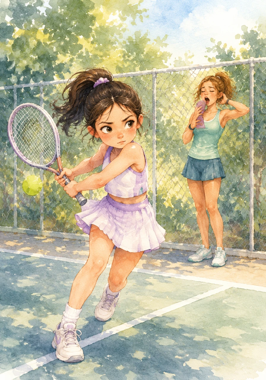 The next afternoon, Mia practices her swings on a quiet court while her friend Zoe stands by the fence acting hilariously distracted. Zoe stretches out a massive, dramatic yawn and stares at her phone, testing Mia's ability to stay focused.