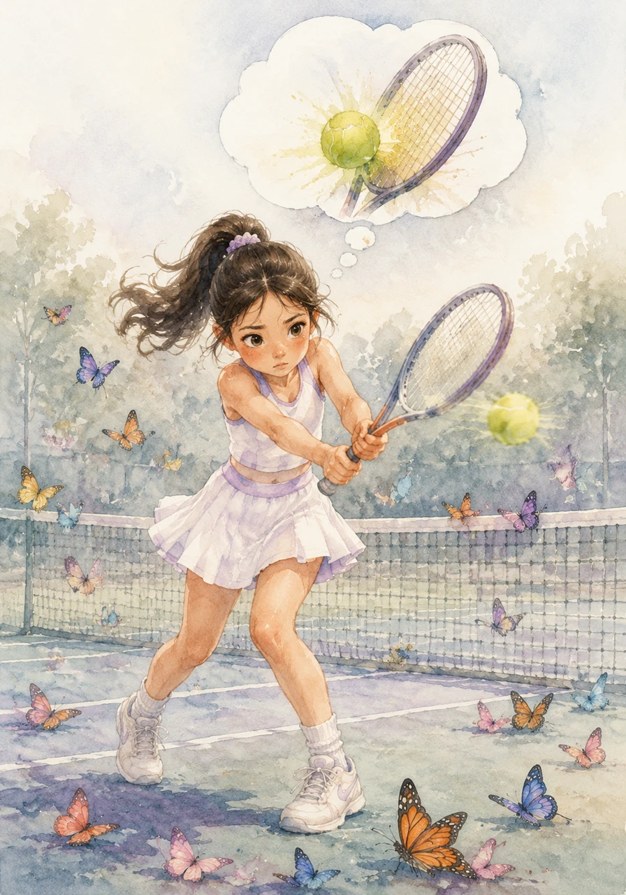 Mia blocks out the distractions by focusing entirely on the ball, repeating a rhythmic chant of 'Bounce... Hit' in her mind. A thought bubble above her head shows a tennis ball meeting a racket perfectly, and the colorful butterflies around her begin to settle down.