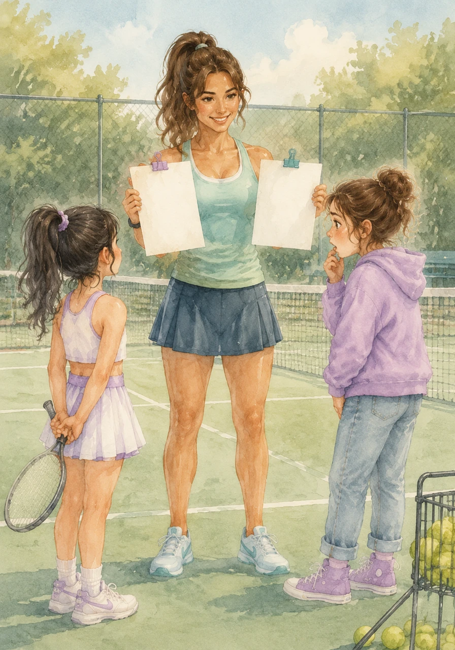Coach Jen introduces a new game called the 'Consequence Tiebreak' and holds up two silly rule sheets. Mia looks at the papers with a mix of nervousness and excitement, realizing the loser will have to sing a goofy song while picking up tennis balls.