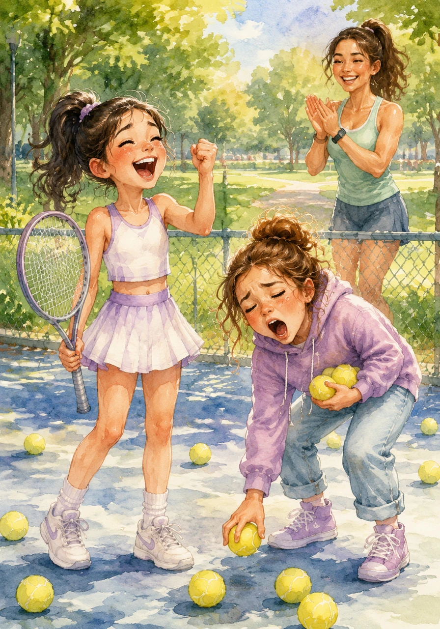 Mia celebrates her victory with a giant smile as Zoe playfully groans and begins picking up tennis balls while singing loudly. A passing jogger near the fence claps along to the music, making both girls burst into uncontrollable laughter.