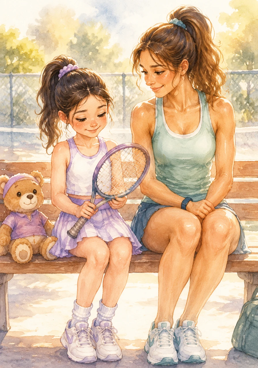 Mia and Coach Jen sit together on the sunny bench, sharing a moment of pride next to a small, friendly teddy bear mascot. Mia looks at her racket, feeling strong, brave, and ready to face any crowd or opponent that comes her way.
