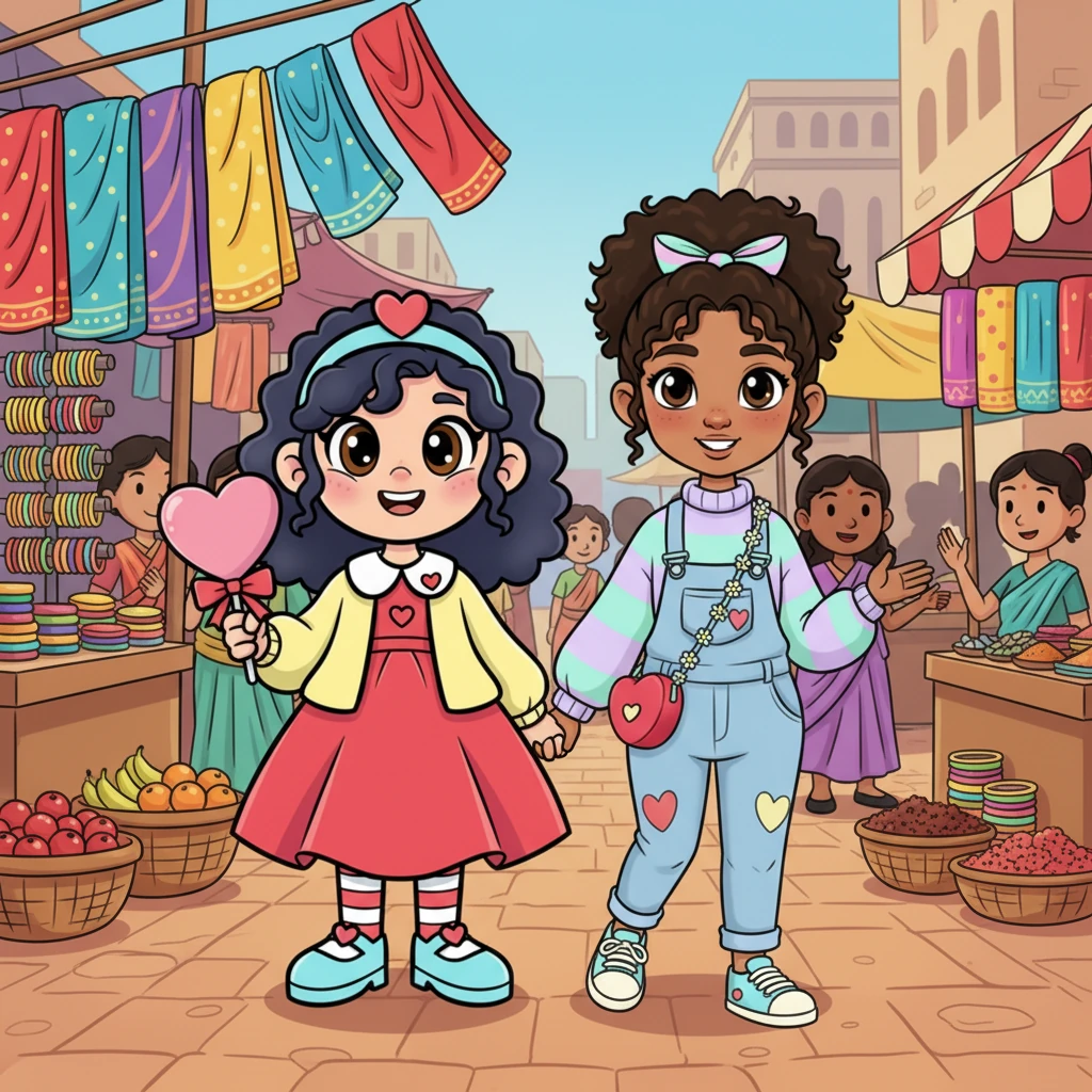 The bustling Esamiya Bazaar bursts with life! Brightly colored dupattas flutter from shop fronts, bangles glitter, and vendors call out their prices. Snehal and Rani, two best friends, navigate the lively crowd, their eyes sparkling with determination.