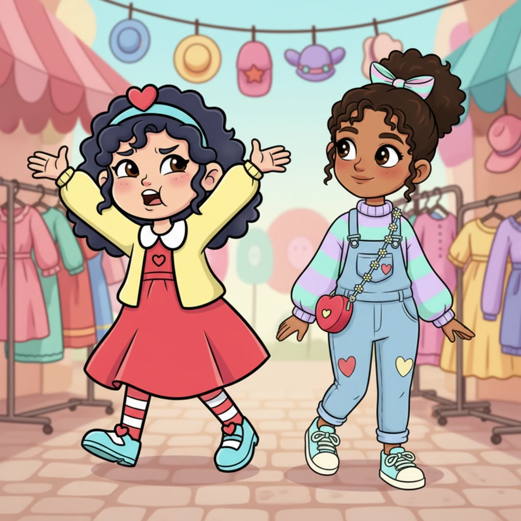 Rani dramatically throws her hands up, complaining, "Nothing is unique!" Snehal, ever calm and patient, smiles reassuringly, "Wait… we’ll find something." They walk shoulder to shoulder, like serious fashion critics on a treasure hunt.