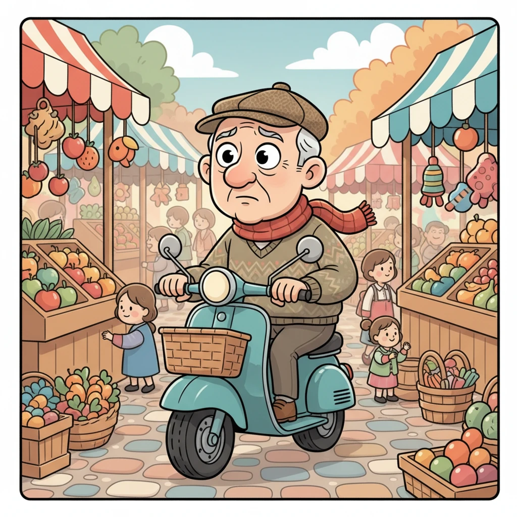Suddenly, a slightly confused elderly gentleman on a vintage scooter slows down beside them. He looks around, his brow furrowed, clearly lost in the maze of the market. He's dignified and gentle, but a little stressed.